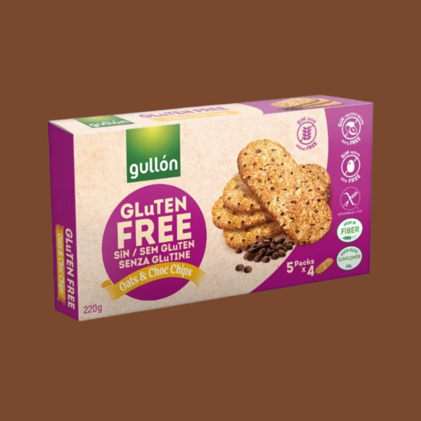 Five multipacks of Gullon cookies arranged neatly