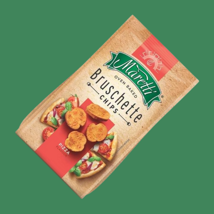 Stack of Maretti Bruschette Chips pizza flavour on wood board