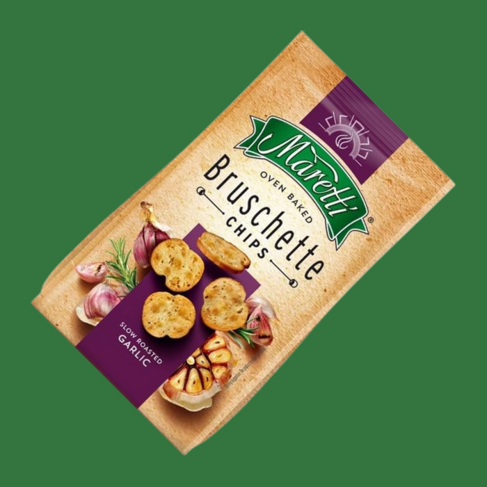 Multipack of 15 Maretti Roasted Garlic Chips on shelf