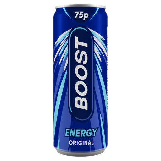 Single Boost Energy Drink Original 250ml can beside its unopened 24-can box, showing product name, size and pack quantity