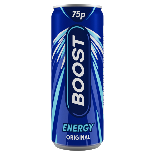 Single Boost Energy Drink Original 250ml can beside its unopened 24-can box, showing product name, size and pack quantity