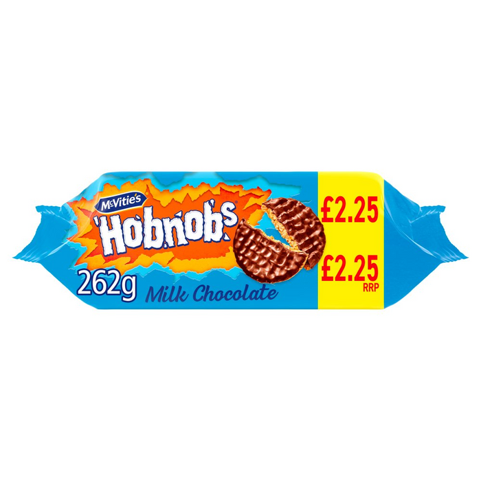 McVities Chocolate Hobnobs 262g pack — chocolate-coated oat biscuits in blue packet showing McVities logo and product image.
