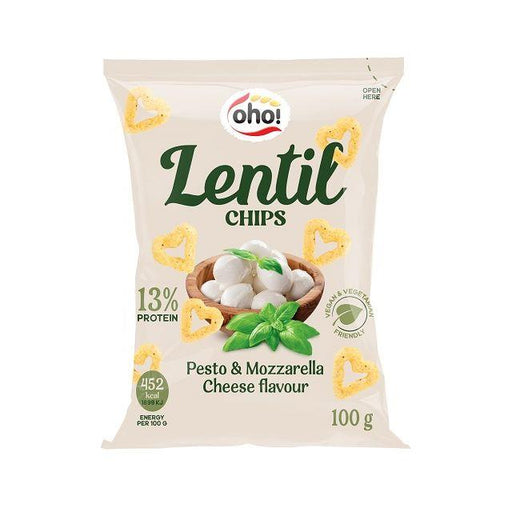 Five 100g bags of Oho Lentil Crisps (Pesto & Mozzarella) in a multi-pack, front view showing the packaging with brand logo and flavor label