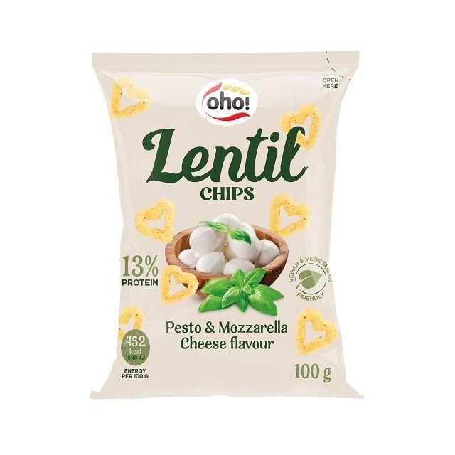 Five 100g bags of Oho Lentil Crisps (Pesto & Mozzarella) in a multi-pack, front view showing the packaging with brand logo and flavor label