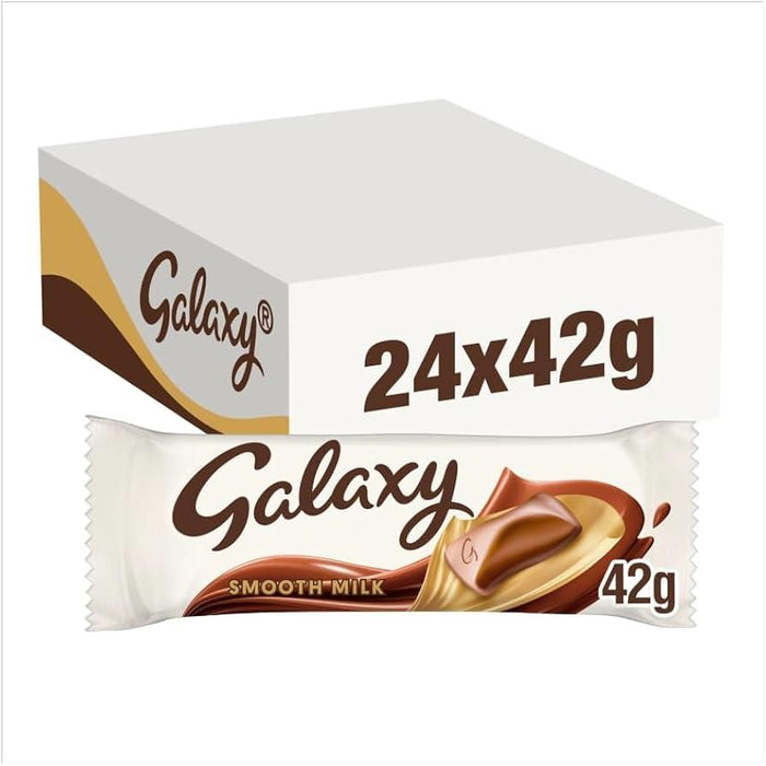 Front of Galaxy Milk chocolate multipack box showing 24 x 42g bars — smooth milk chocolate in signature purple packaging with Galaxy logo