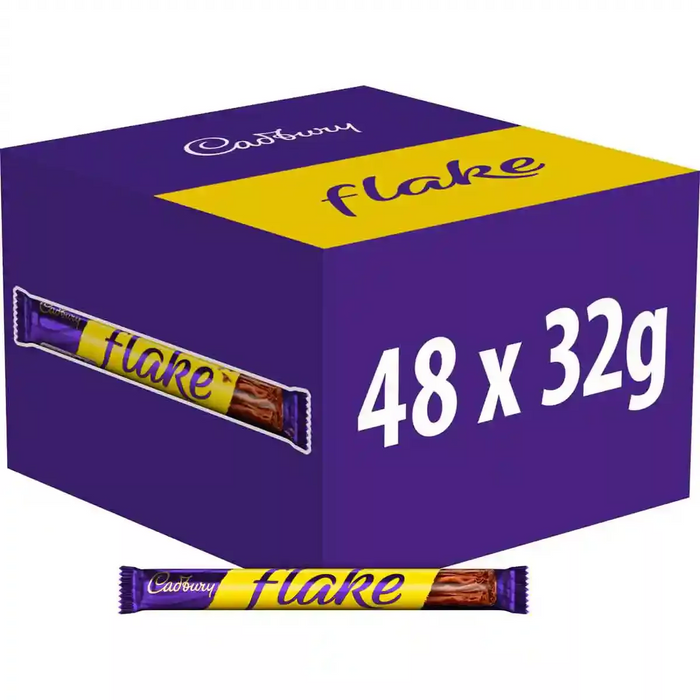 Open carton of Cadbury Flake 48-pack — forty‑eight individually wrapped 32 g Flake milk chocolate bars in purple Cadbury wrappers with the white "Flake" logo.