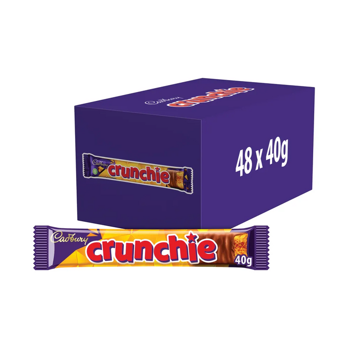 Cadbury Crunchie 48-pack (48 x 40g) — purple-branded box with a chocolate-coated bar broken to reveal the golden, crunchy honeycomb toffee center