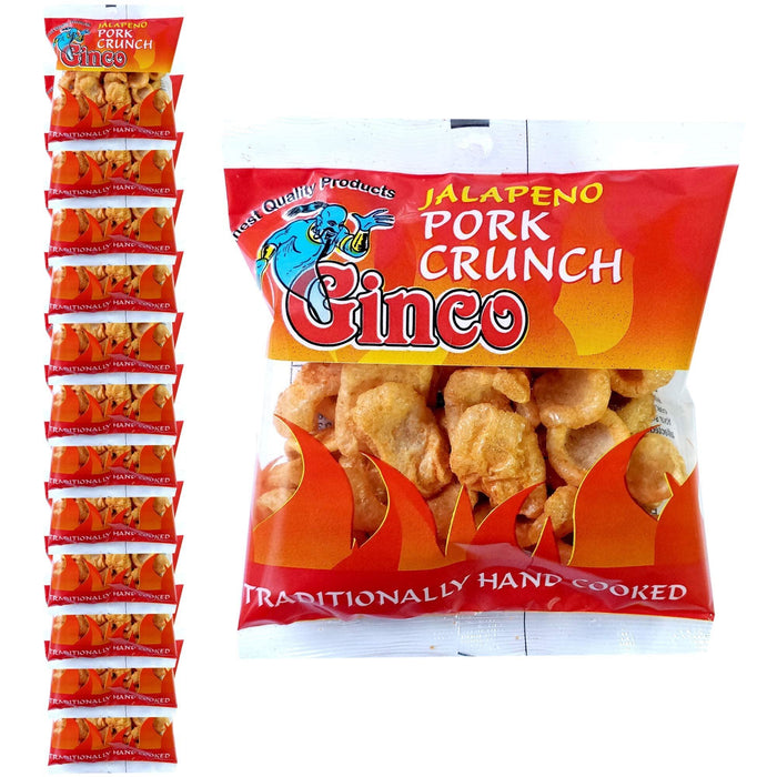 12-pack of Ginco Jalapeno Pork Crunch — twelve 25g packets of spicy, crunchy pork snack