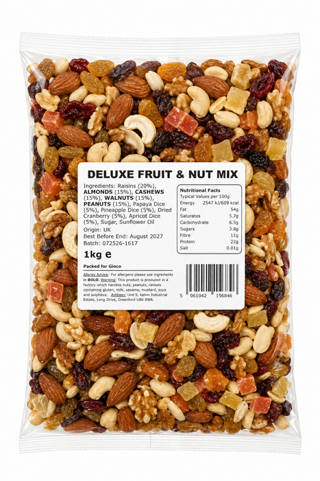 Deluxe Fruit and Nut Mix 1kg (Pack of 1) — close-up of mixed almonds, cashews, pistachios, walnuts and dried fruits (raisins, apricots).