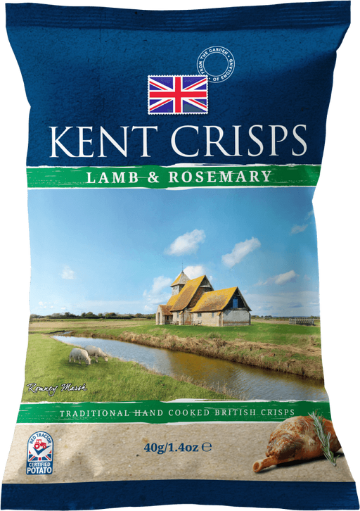 Kent Crisps Lamb and Rosemary 40g — pack of 20 individual potato crisp bags, savory lamb-and-rosemary flavored snack from the British Kent Crisps brand