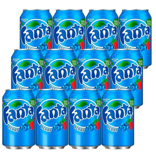Pack of 12 Fanta Berry 12×355ml cans — twelve purple berry-flavored Fanta aluminum cans in a cardboard tray, chilled with condensation and Fanta logo visible on each 355ml can.