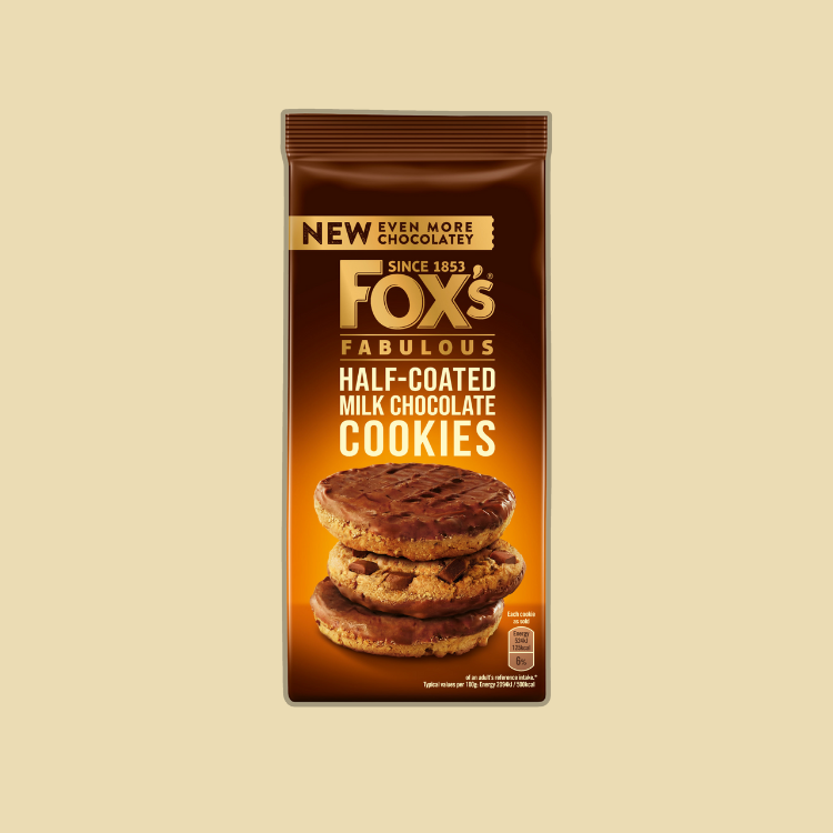 Half-dipped milk chocolate cookie from Fox's