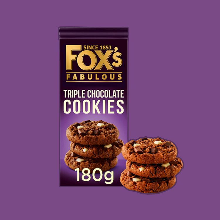 Close-up of Fox's Triple Chocolate Cookies showing chocolate chunks.