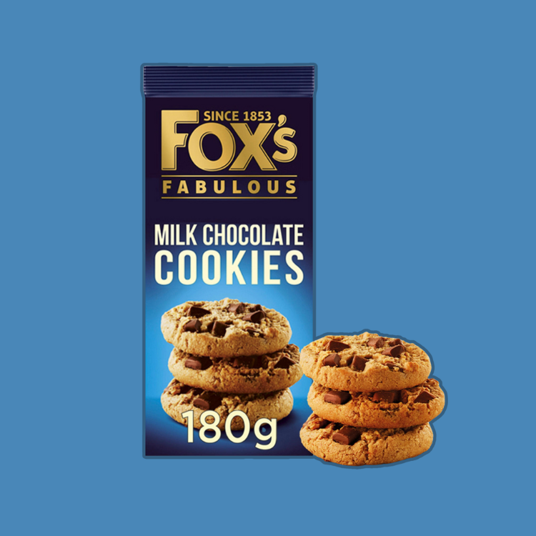 Elegant packaging of Fox's Fabulous Milk Chocolate Cookies 180g box.
