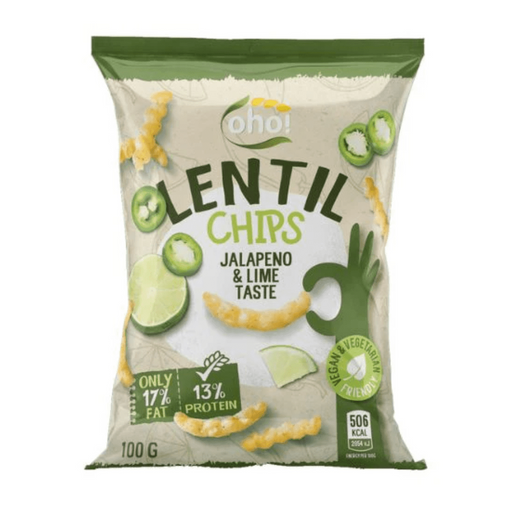 Pack of five Oho Lentil Crisps, Jalapeño & Lime, 5 x 100g pouches — front-of-pack view showing the product name, flavor label and image of the lentil crisps.