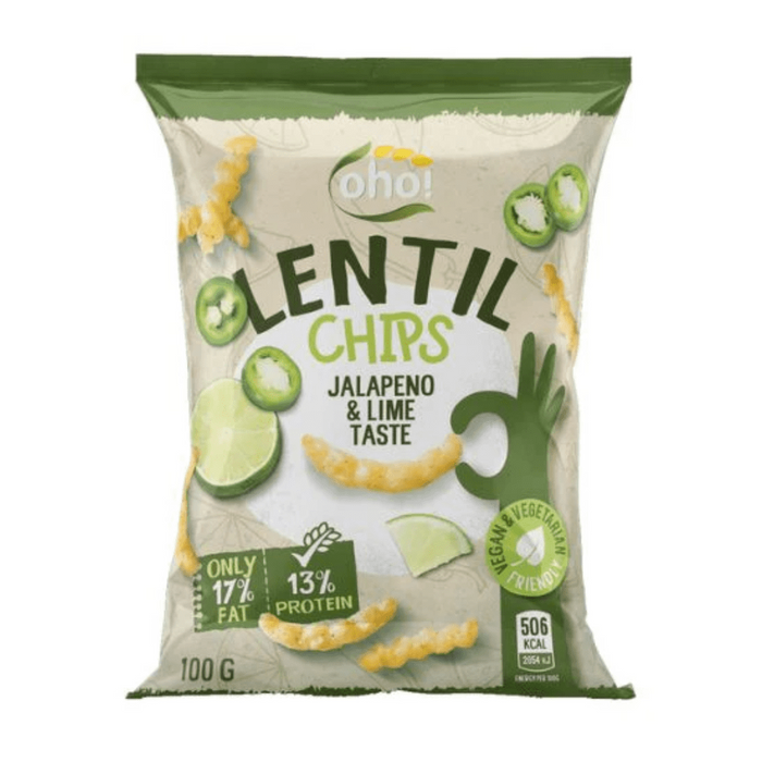 Pack of five Oho Lentil Crisps, Jalapeño & Lime, 5 x 100g pouches — front-of-pack view showing the product name, flavor label and image of the lentil crisps.