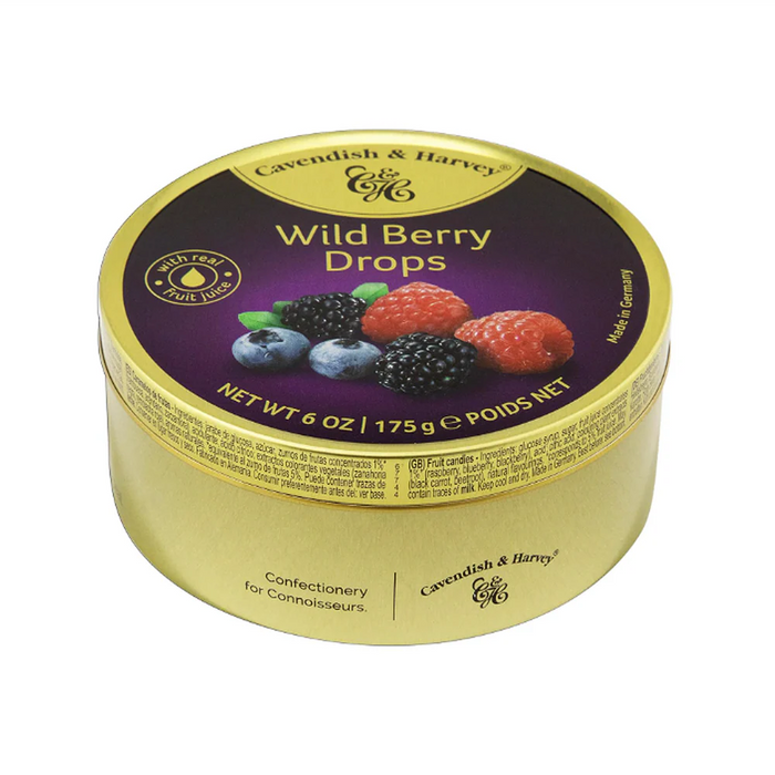 Cavendish & Harvey Wild Berry hard candy drops 175g packet — round red and purple berry-flavored sweets with brand logo on packaging.