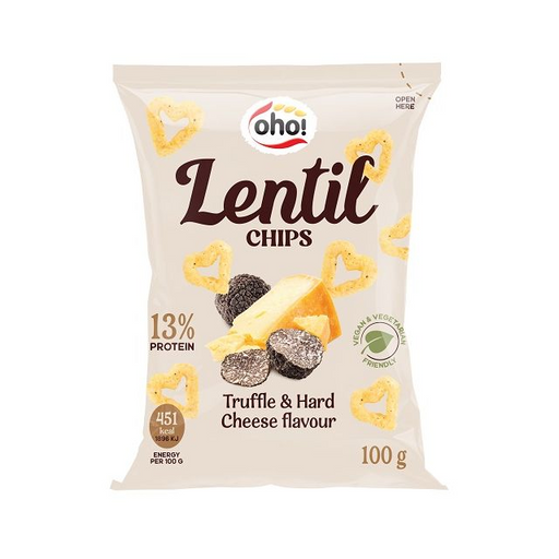 Multipack of Oho Lentil Crisps — five 100 g bags of Truffle & Hard Cheese flavor, one bag open showing round lentil crisps beside a wedge of hard cheese.