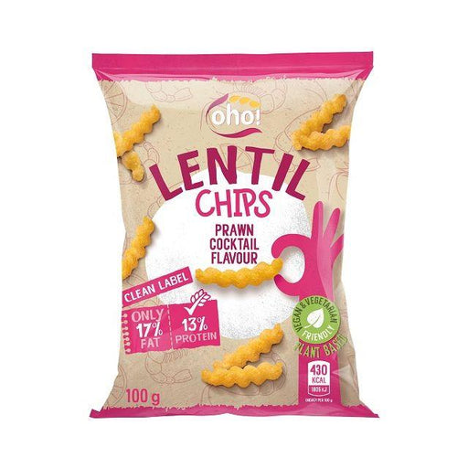 Oho Lentil Crisps Prawn Cocktail multipack — five 100g bags in branded red-and-white packaging featuring prawn cocktail artwork and product name.