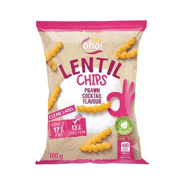 Oho Lentil Crisps Prawn Cocktail multipack — five 100g bags in branded red-and-white packaging featuring prawn cocktail artwork and product name.