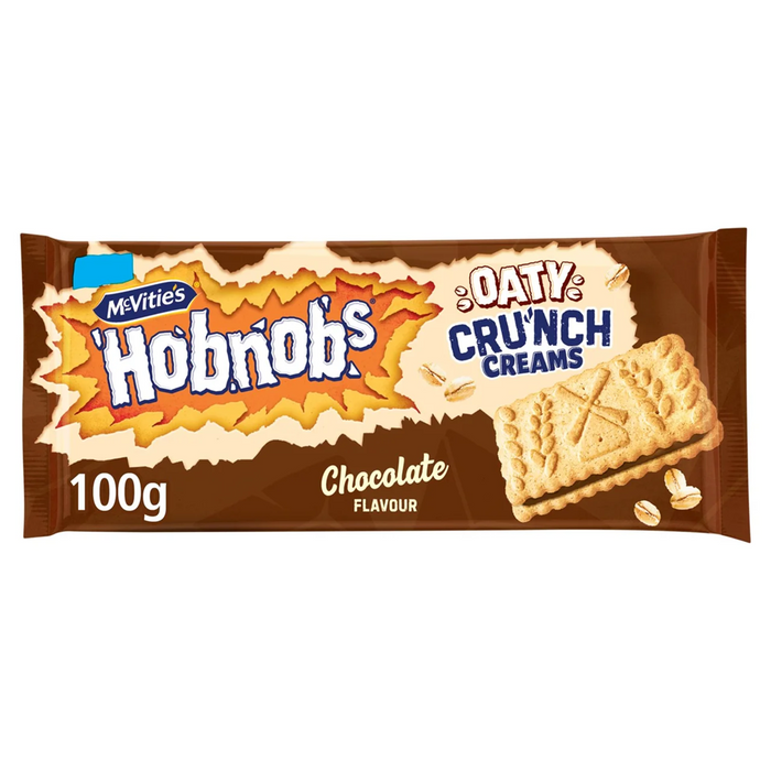 Close-up of McVitie's Hobnobs Oaty Creams Chocolate biscuit multipack box (18 x 100g) showing the brand logo and an image of chocolate cream‑filled oat biscuits on the packaging.