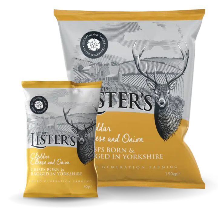 Packshot of a Listers Crisps 40g bag, Cheddar Cheese and Onion flavor — front of packet showing the Listers logo, the flavor name and stylized cheese wedge and onion graphics.