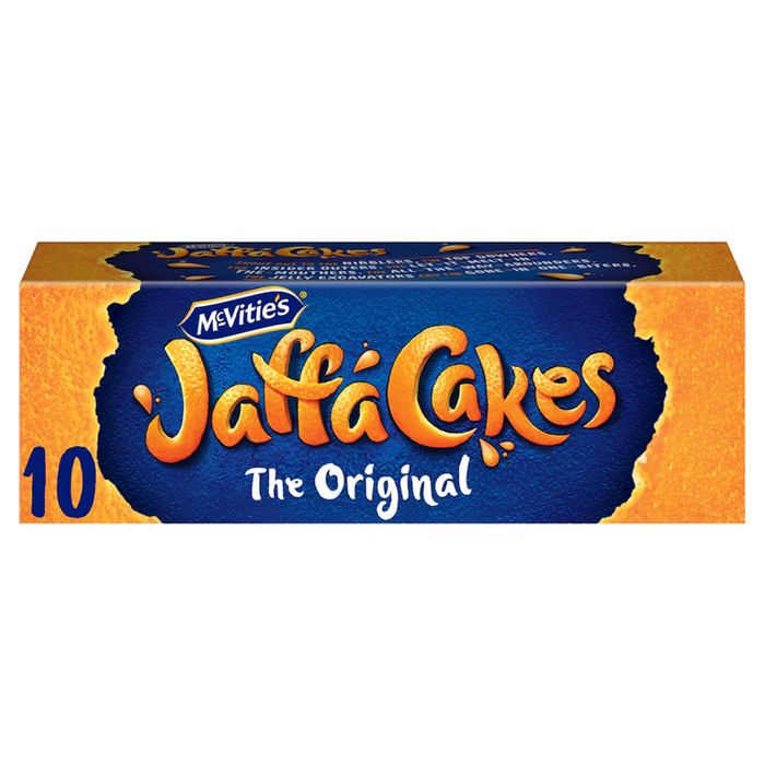 Four McVitie's Jaffa Cakes multipacks (each pack of 10) in orange-and-blue retail boxes, showing chocolate-topped sponge cakes with orange jelly centers
