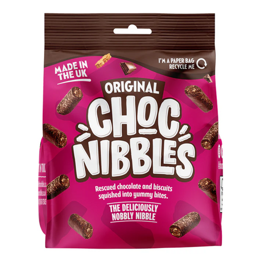 Cardboard box containing 12 individual 135g packs of Chocolate Nibbles Original, branded front panels showing logo and image of bite-size chocolate pieces.