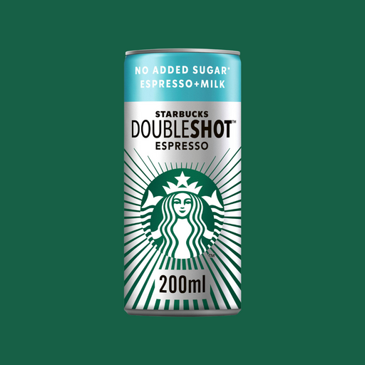 Close-up of condensation-covered Starbucks DoubleShot Espresso can opened, showing dark coffee inside