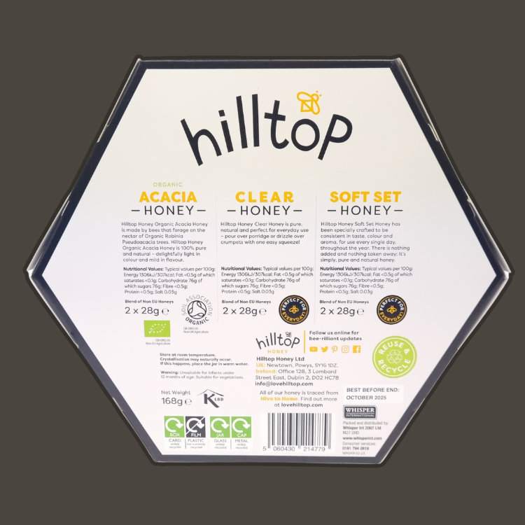 Elegantly packaged Hilltop Honey varieties, perfect for Christmas gifts