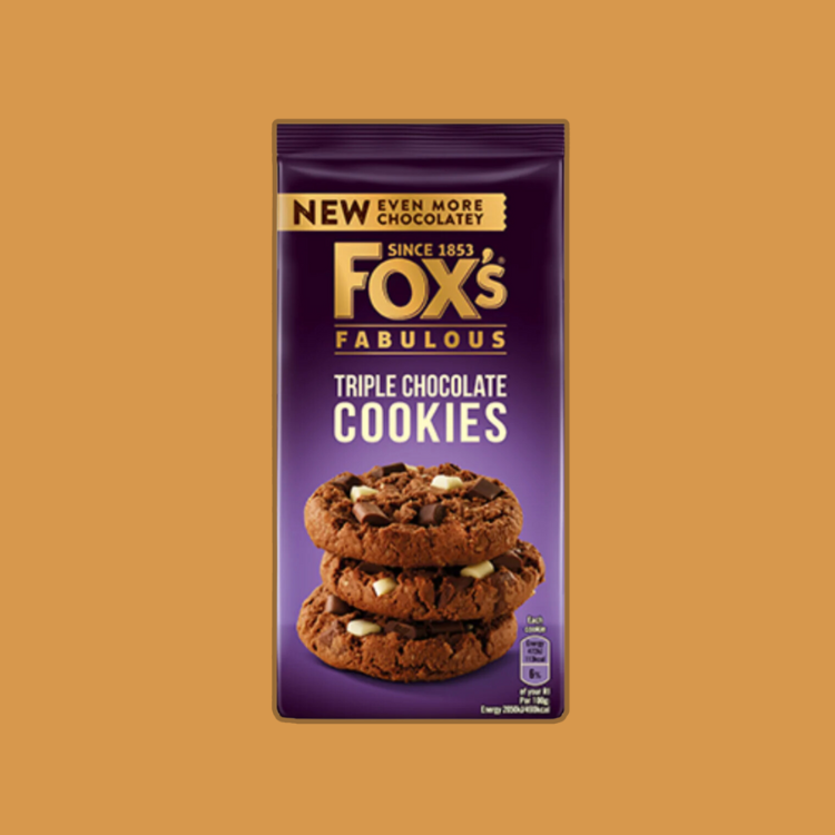 Elegant packaging of Fox's Fabulous Triple Chocolate Cookies.