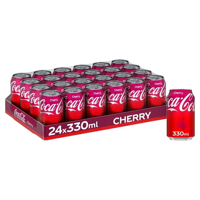 Pack of 24 Coca-Cola Cherry 330ml cans (UK) in a red carton showing the Coca-Cola logo and cherry graphics