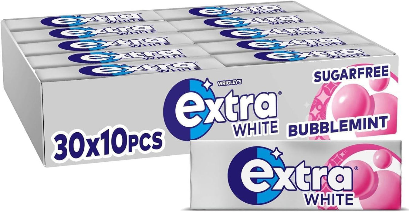 Bulk pack of Extra BubbleMint chewing gum — 30 individual 10-piece packs of mint bubble flavor, branded Extra packaging for sharing or retail.