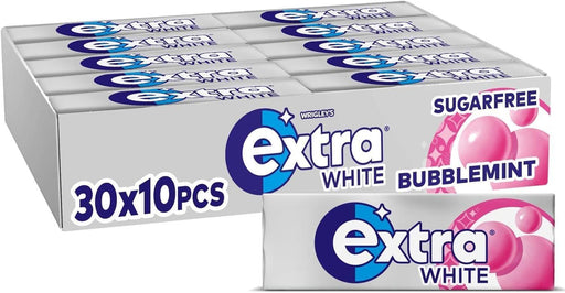 Bulk pack of Extra BubbleMint chewing gum — 30 individual 10-piece packs of mint bubble flavor, branded Extra packaging for sharing or retail.