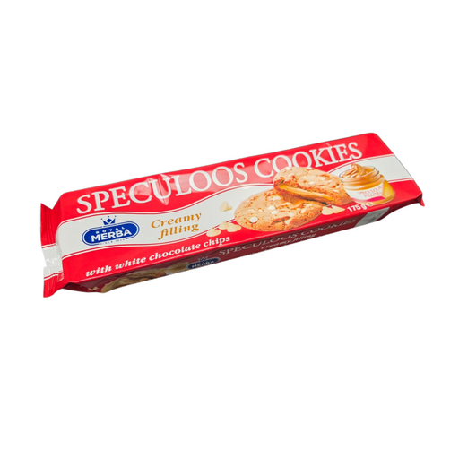 Merba White Choc Chip Cookies with Speculoos 175g x11 — box of eleven 175g packs shown with golden cookies studded with white chocolate chips and speculoos biscuit pieces next to branded yellow packaging
