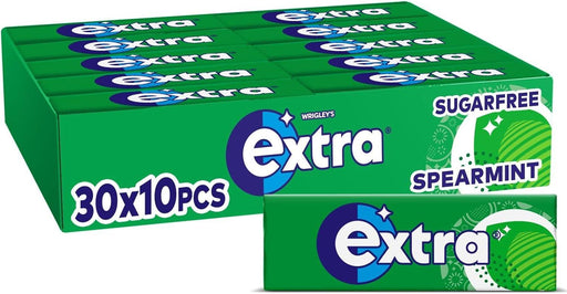 Bulk box of Extra Spearmint gum — 30 packs of 10 pieces each; bright green wrappers with white "Extra" logo and mint-leaf illustration