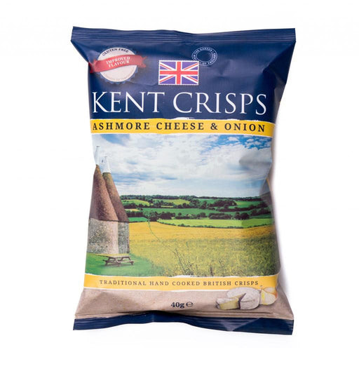 Box of 10 KENT Crisps Ashmore Cheese and Onion 150g bags — branded multipack showing Ashmore logo and cheese-and-onion flavor graphics for sharing.
