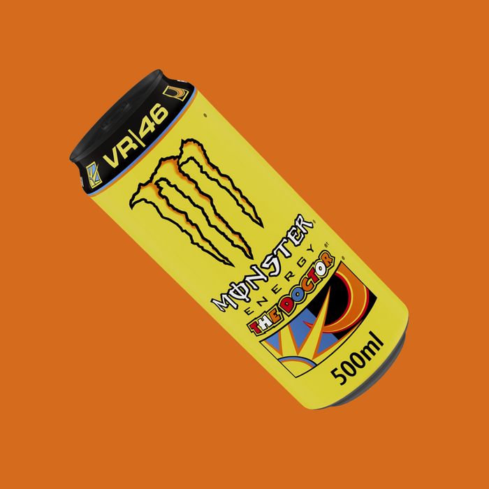 Hand holding a Monster Energy The Doctor can over a motorcycle helmet

