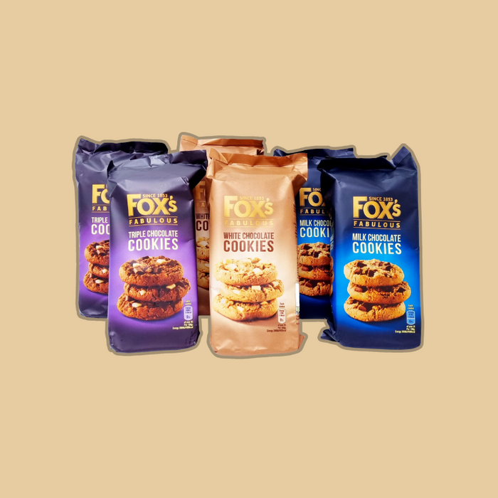 Open box of Fox's White Chocolate Cookies showcasing the creamy treat.