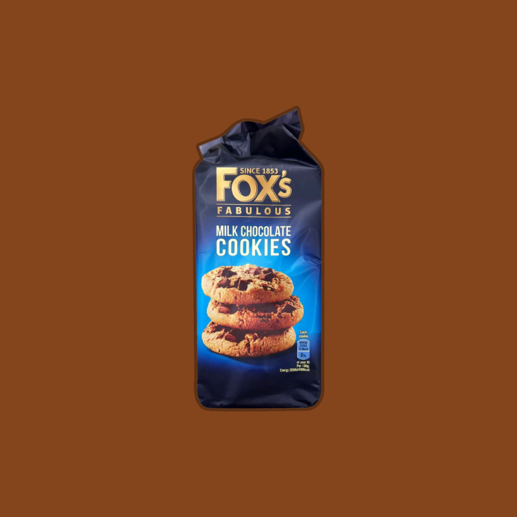 Stack of Fox's Fabulous Milk Chocolate Cookies highlighting the chocolate coating.