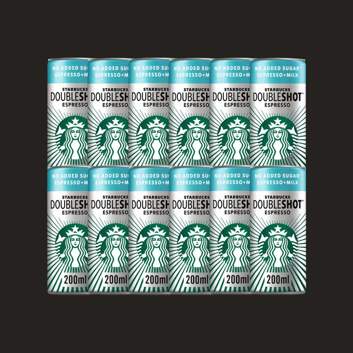 Neatly arranged pack of twelve Starbucks DoubleShot Espresso No Added Sugar cans on countertop

