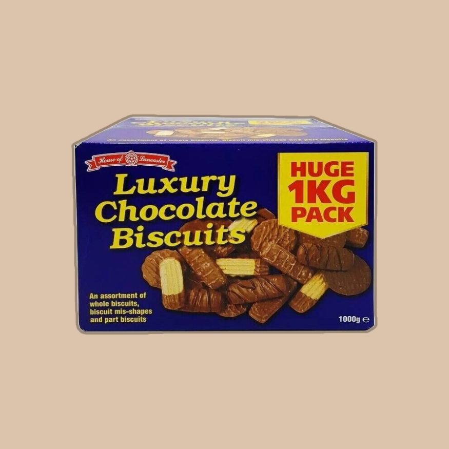 A front view of a bok of broken chocolate biscuits opened 