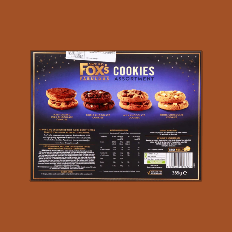 Fox's Cookies 365g pack opened to reveal delicious chocolate chip cookies