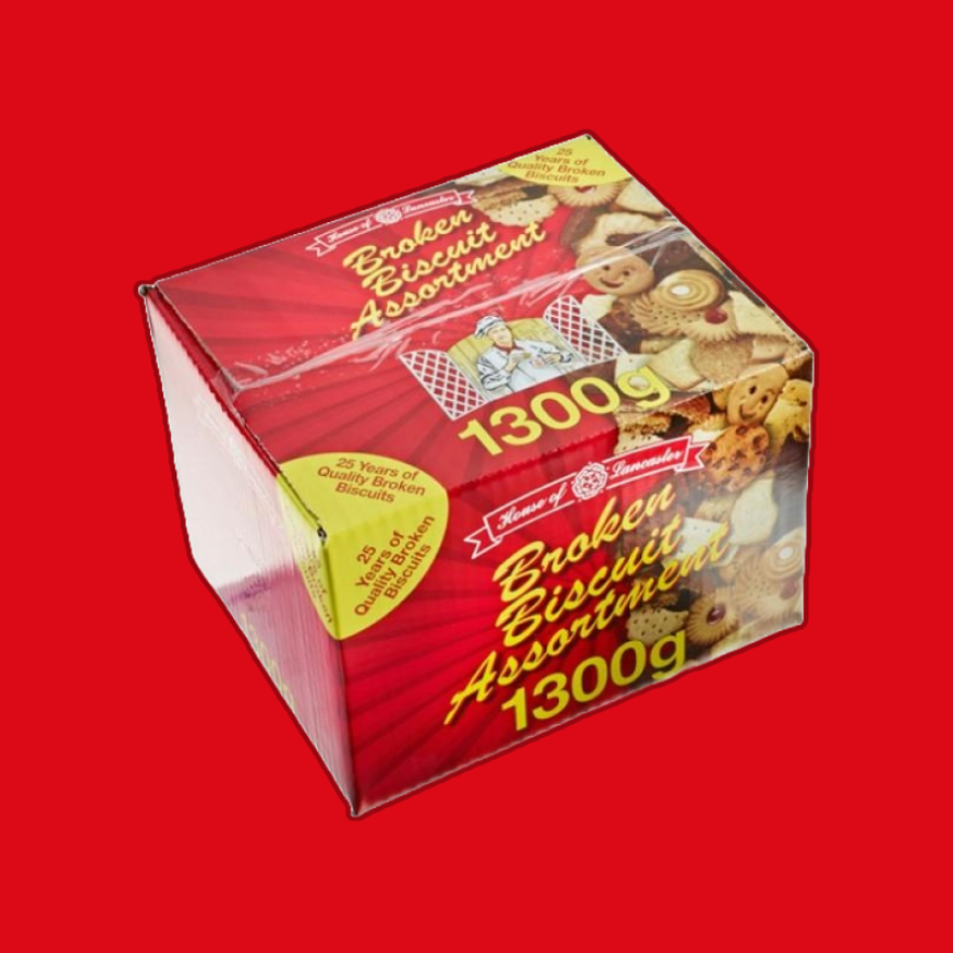 A side view angle of a 1.3kg box of house of lancaster biscuits