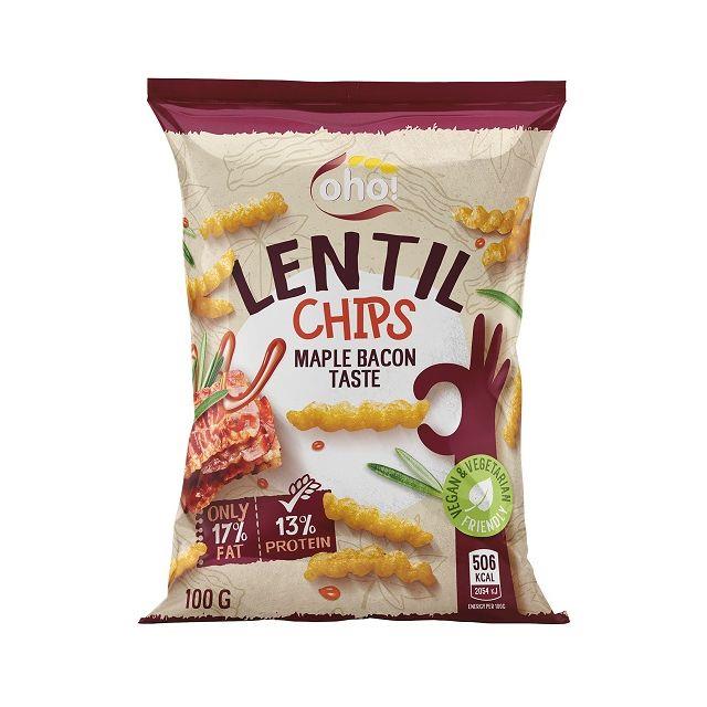 Oho Lentil Crisps Maple Bacon multipack — five 100g bags displaying the Oho logo and imagery of lentil crisps with maple-glazed bacon, labeled 5 x 100g