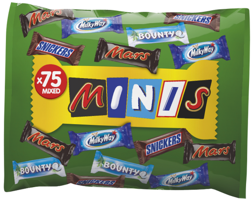 1500g bag of Mars Minis (75 pieces) — mixed assortment of individually wrapped Mars, Snickers, Bounty and Milky Way mini chocolate bars in branded packaging.