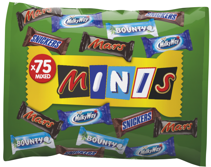 1500g bag of Mars Minis (75 pieces) — mixed assortment of individually wrapped Mars, Snickers, Bounty and Milky Way mini chocolate bars in branded packaging.