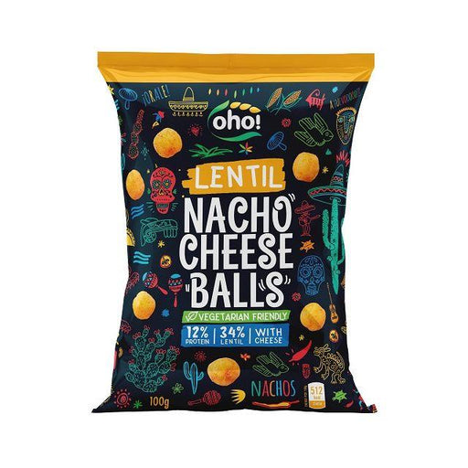 Five 100g Oho Lentil Crisps packets in Nacho Cheese Balls flavor (5 x 100g) shown together with loose lentil crisps and round cheesy balls in front, orange branded packaging visible — multi-pack savory snack.
