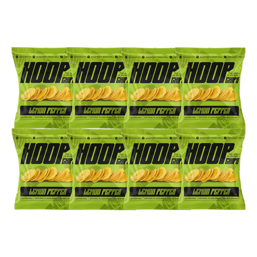 HOOP CHIPS Lemon Pepper plantain chips 8 x 35g carton with eight yellow-green individual packs showing lemon and pepper graphics and a photo of crispy chips