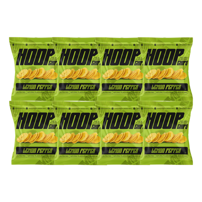 HOOP CHIPS Lemon Pepper plantain chips 8 x 35g carton with eight yellow-green individual packs showing lemon and pepper graphics and a photo of crispy chips